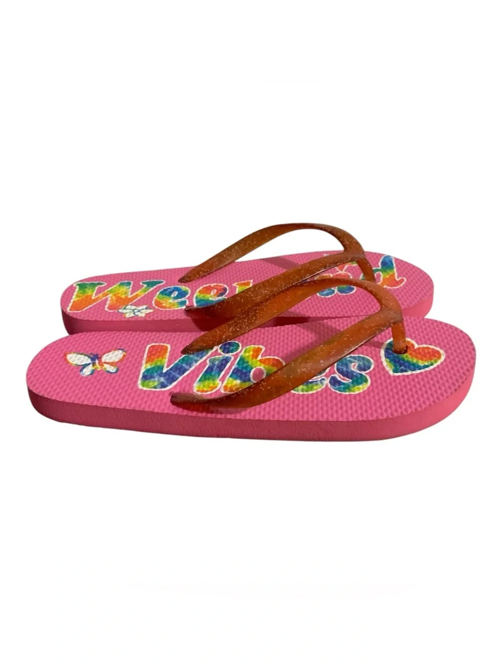 Children’s Place Pink Glitter Strap Flip Flops  'Weekend Vibes' Print Girl 12/13